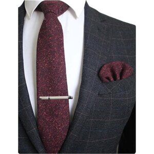 Solid Color Cashmere Wool Necktie and Pocket Square Tie Clip Sets for Men